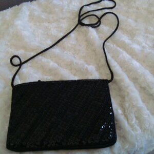 Vintage Black Beaded Sequin Small Clutch Fold Over Purse  Raffoler